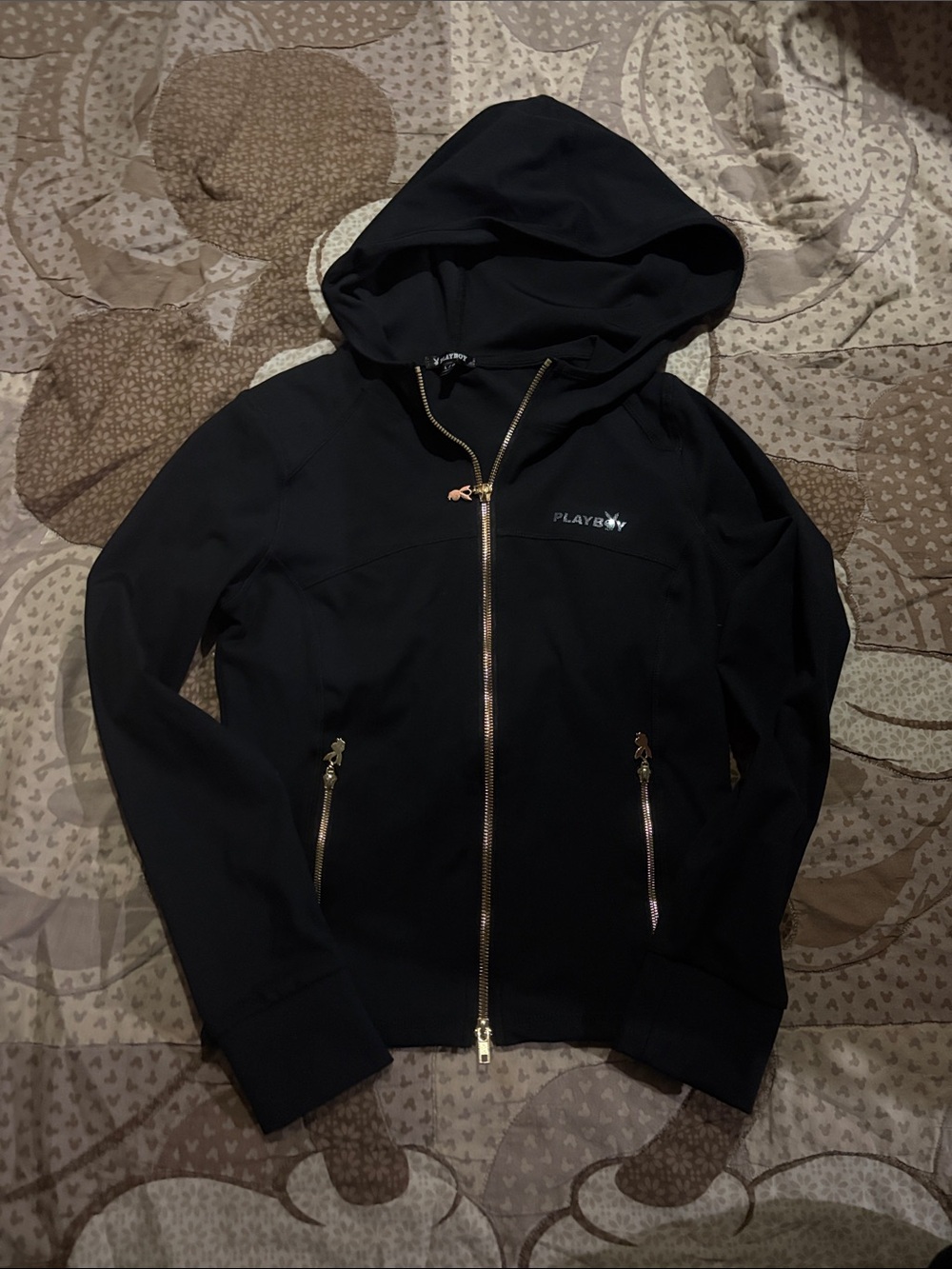 PLAYBOY Black Hooded Zip-Up Jacket with Gold Hardware